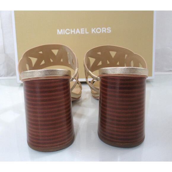 Michael Kors Alma Mid Block Heel Slide Sandal Metallic Leather Gold Size 7 - Picture 4 of 4